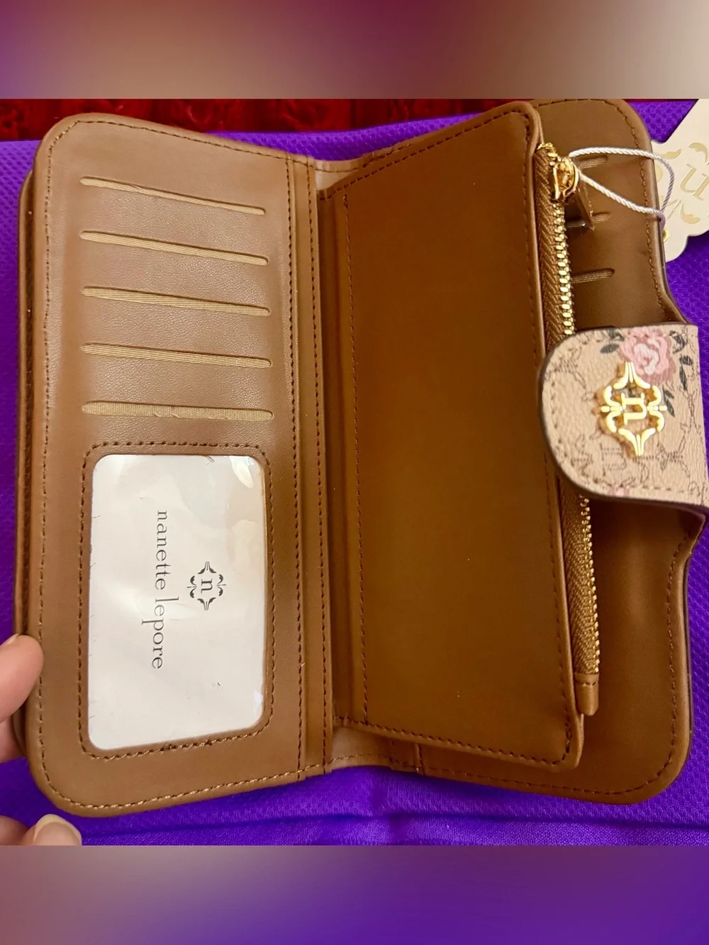 Nanette Lepore Beige Floral Wallet with Pink Rose Accents